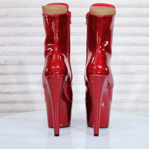 Ruby Red Glitter Patent 7" High Heel Platform Lace Up Ankle Boots 1020GP - Picture 6 of 8